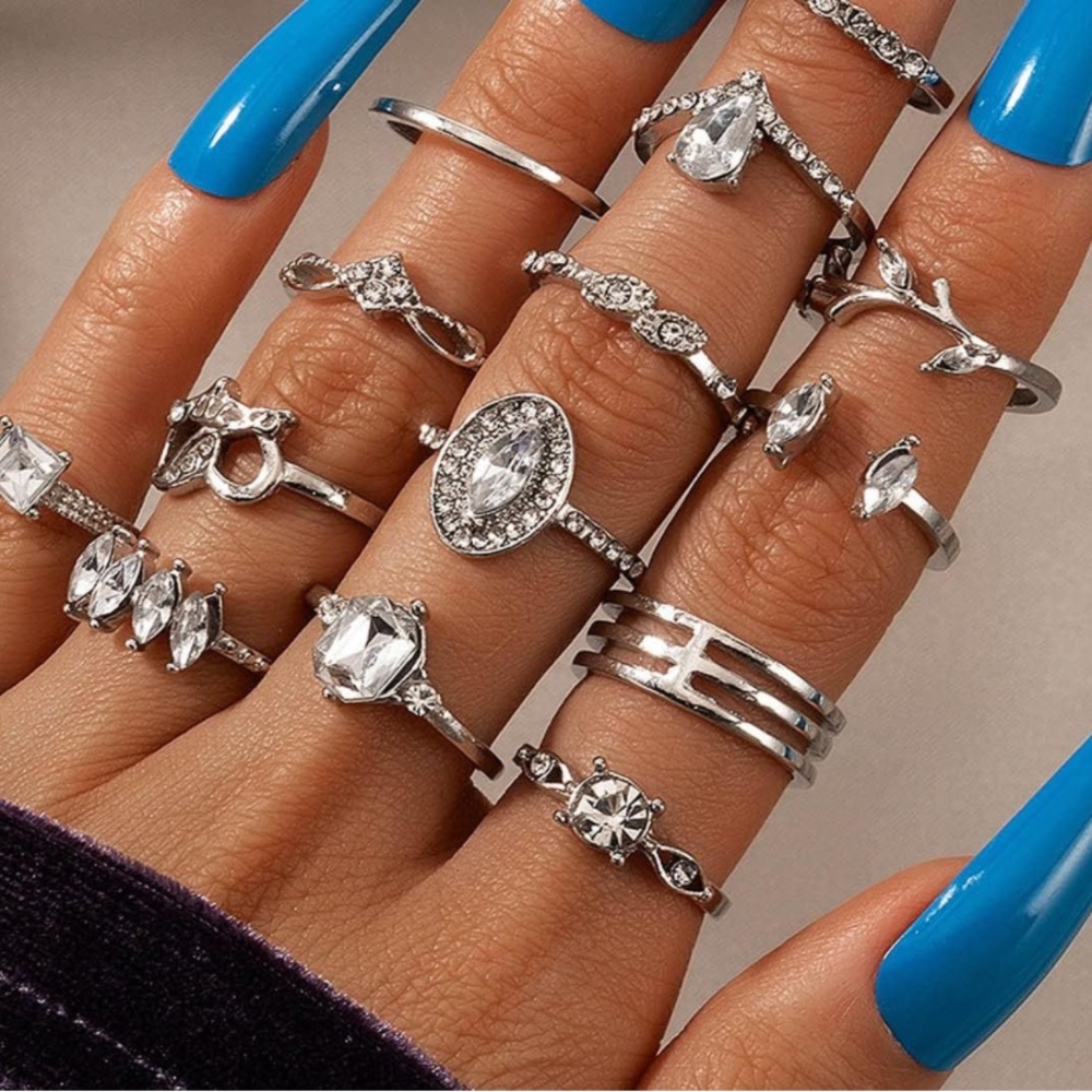 15PCS - Silver Rings Set